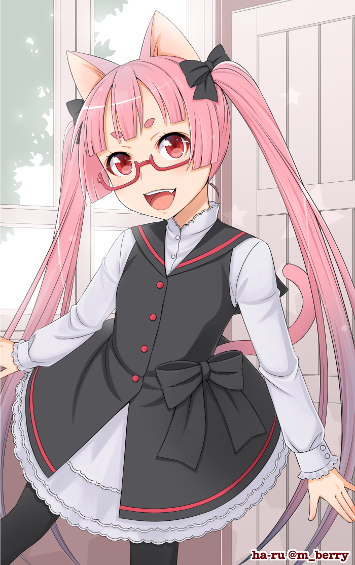 animal_ears artist_name black_legwear cat_ears cat_tail commentary_request dress eyebrows fang glasses ha-ru hair_ornament hair_ribbon long_hair multicolored_hair open_mouth original pantyhose pink_hair red_eyes ribbon smile solo tail twintails twitter_username