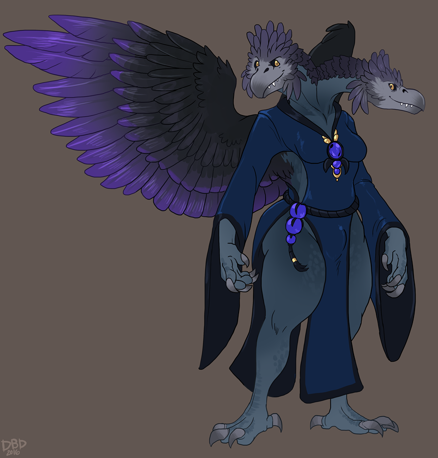 2_heads anthro avian bird bulge clothed clothing dbd dickgirl feathered_wings feathers intersex loincloth looking_at_viewer multi_head smile solo standing vulture wings