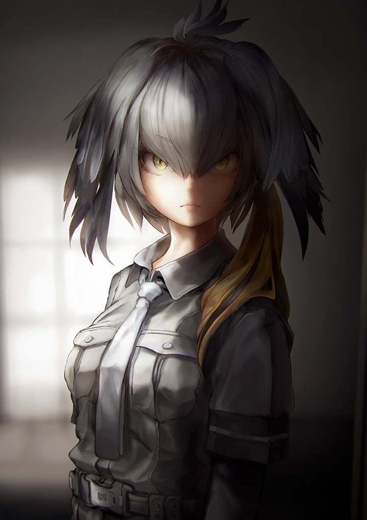 bodystocking closed_mouth collared_shirt commentary_request eyebrows_visible_through_hair frown green_eyes grey_hair grey_shirt head_wings kemono_friends long_hair looking_at_viewer low_ponytail necktie orange_hair pocket shirt shoebill_(kemono_friends) short_sleeves solo tocope upper_body white_neckwear
