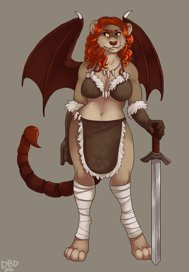 anthro breasts clothed clothing dbd fangs female manticore melee_weapon scar solo standing sword teeth weapon wide_hips wings