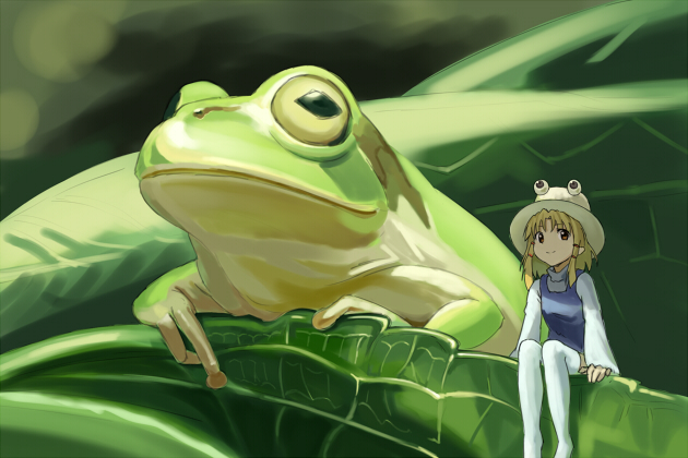 animal arm_support arms_at_sides bangs blonde_hair blurry breasts brown_eyes closed_mouth depth_of_field frog frog_hat hair_ribbon hat leaf long_sleeves looking_away minigirl moriya_suwako plant ribbon short_hair_with_long_locks sitting small_breasts smile thighhighs tomitayaki touhou tress_ribbon turtleneck vest white_legwear wide_sleeves