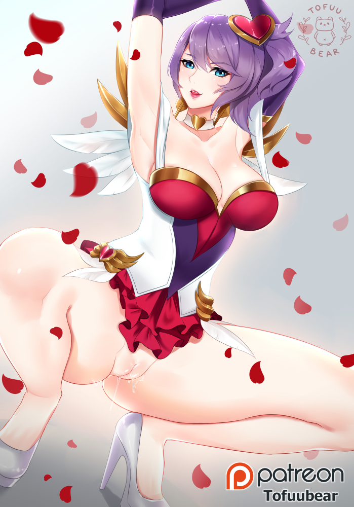 arms_up blue_eyes breasts cleavage collarbone detached_collar dress elbow_gloves gloves groin hair_ornament high_heels league_of_legends legs lips looking_at_viewer medium_breasts no_panties patreon_logo patreon_username purple_hair pussy pussy_juice quinn shiny shiny_clothes shiny_hair shiny_skin shoes solo spread_legs squatting thighs tofuubear uncensored white_footwear