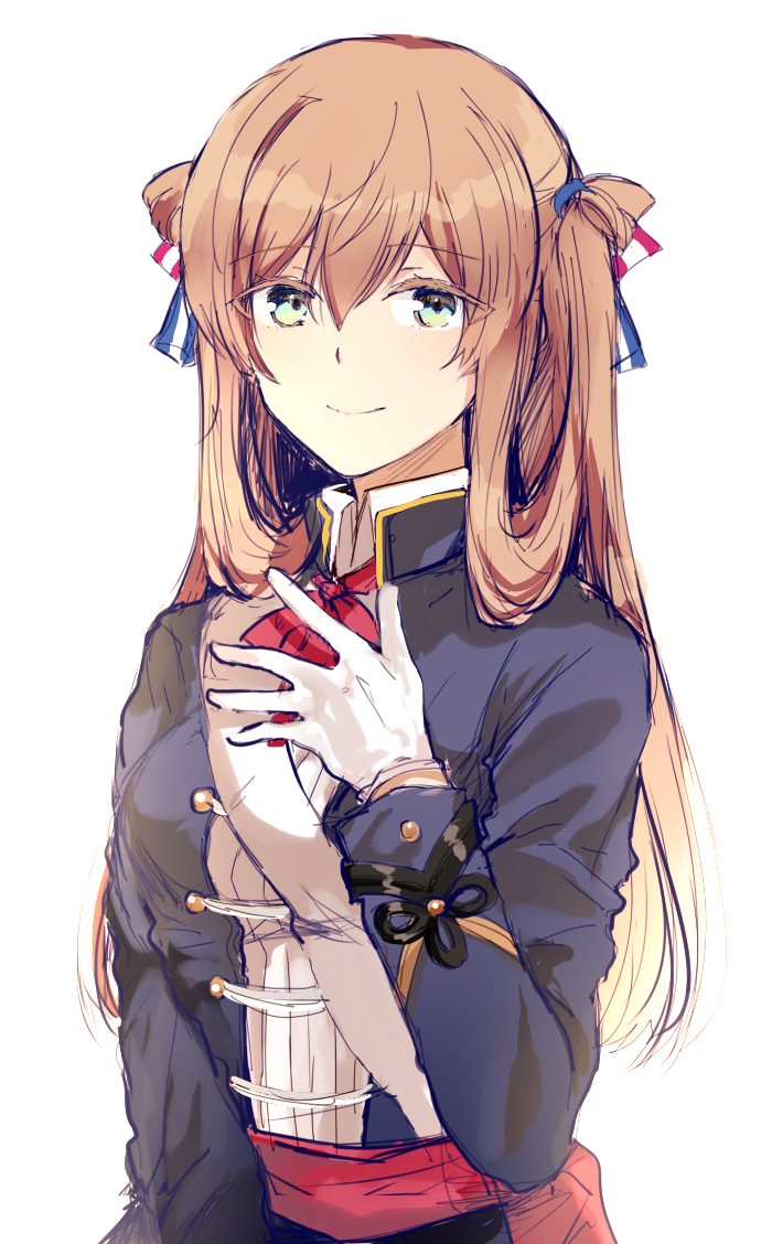 arm_at_side bad_id bad_pixiv_id bangs brown_hair closed_mouth colored_eyelashes eyebrows_visible_through_hair girls_frontline gloves green_eyes hair_between_eyes hair_ribbon hair_rings hair_tie hand_up line_shading long_hair long_sleeves looking_at_viewer m1903_springfield_(girls_frontline) military military_uniform red_neckwear retto ribbon sash simple_background sketch smile solo uniform upper_body white_background white_gloves