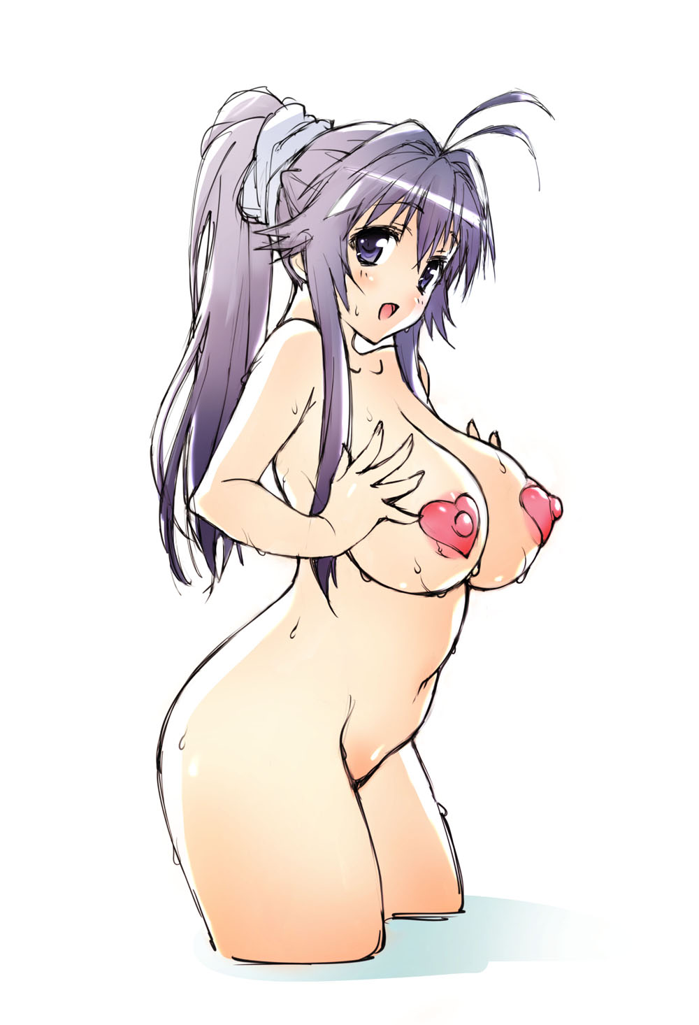 1girl ahoge areola_slip areolae breasts erect_nipples female futogangu highres kanokon large_breasts long_hair long_ponytail looking_at_viewer minamoto_chizuru navel nude open_mouth pasties ponytail purple_eyes purple_hair simple_background solo standing wet white_background