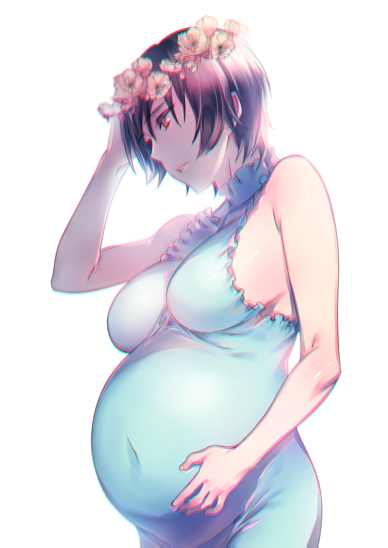 aneunyeoja bangs bare_shoulders big_belly breasts brown_hair chromatic_aberration covered_navel dress flower flower_wreath frills green_dress hand_on_own_stomach hand_to_head hand_up head_wreath large_breasts no_bra original parted_lips pregnant red_eyes ribbed_dress short_hair sideboob simple_background skin_tight sleeveless sleeveless_dress smile solo turtleneck upper_body white_background