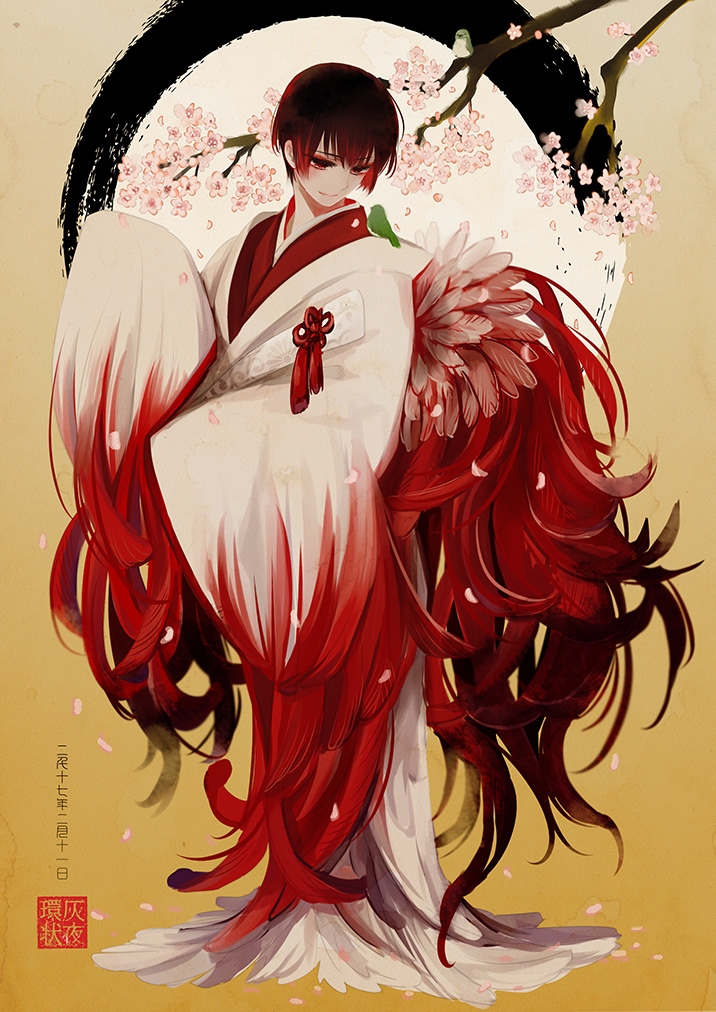 animal animal_on_shoulder axis_powers_hetalia bangs bird_on_shoulder bird_tail black_hair branch calligraphy cherry_blossoms chinese_zodiac closed_mouth eyeshadow flower full_body gradient gradient_background hai_yoru japan_(hetalia) japanese_clothes kimono knot long_sleeves makeup male_focus new_year petals pink_flower plant red_eyes red_hair sleeves_past_wrists smile standing tassel uchikake wide_sleeves year_of_the_rooster yellow_background