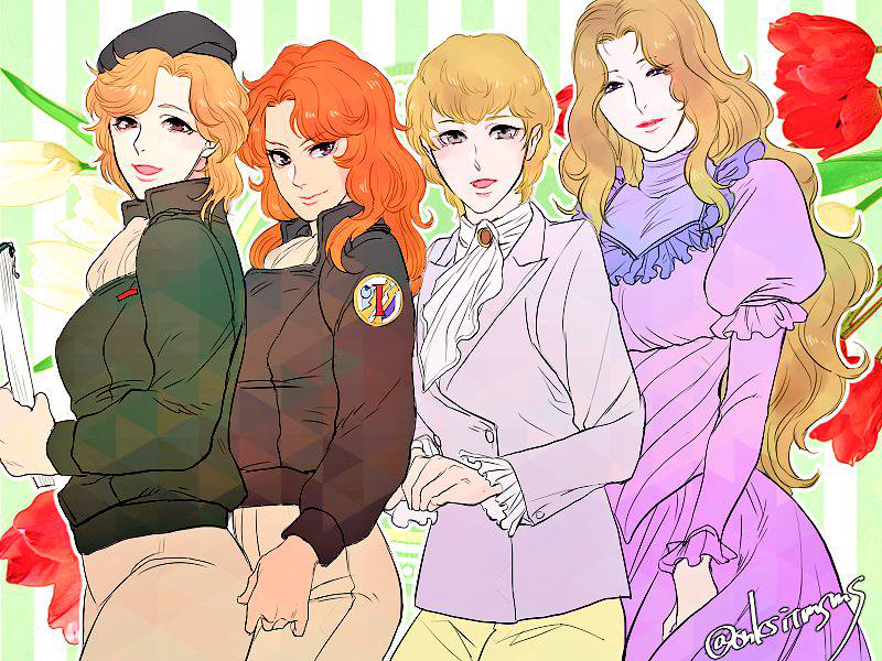 :d annerose_von_grunewald ascot beret black_hat blonde_hair bomber_jacket breasts brown_eyes brown_jacket brown_pants buttons closed_mouth cowboy_shot dress emblem frederica_greenhill frilled_dress frilled_sleeves frills from_side ginga_eiyuu_densetsu green_jacket hat hildegard_von_mariendorf jacket katerose_von_kreutzer light_brown_hair long_hair long_sleeves looking_at_viewer looking_to_the_side medium_breasts military military_uniform multiple_girls onakasuita_(onksitmsms) open_mouth orange_hair pants pink_dress pink_jacket purple_eyes red_hair red_lips short_hair short_over_long_sleeves short_sleeves signature smile standing striped striped_background uniform vertical-striped_background vertical_stripes very_long_hair wavy_hair yellow_pants