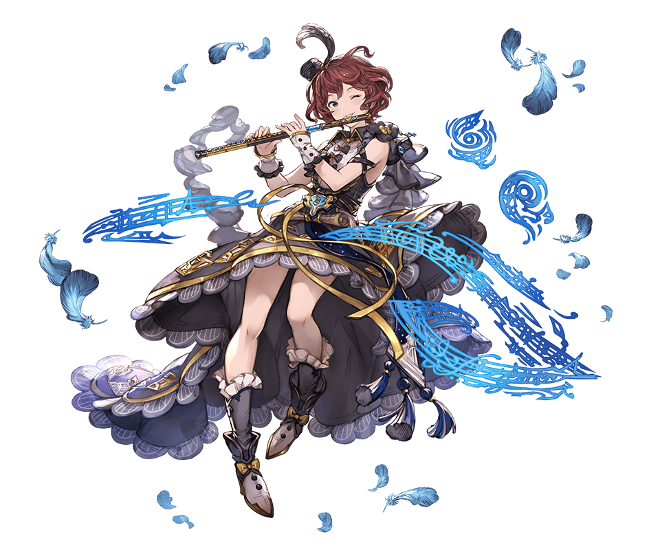blue_eyes boots bow dress feathers flute frills full_body granblue_fantasy hair_ornament instrument knee_boots looking_away minaba_hideo musical_note official_art one_eye_closed pamela_(granblue_fantasy) red_hair ribbon short_hair sleeveless smile solo transparent_background wrist_cuffs