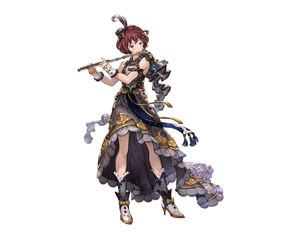 blue_eyes boots bow dress feathers flute frills full_body granblue_fantasy hair_ornament instrument knee_boots minaba_hideo official_art pamela_(granblue_fantasy) red_hair ribbon short_hair sleeveless solo transparent_background wrist_cuffs