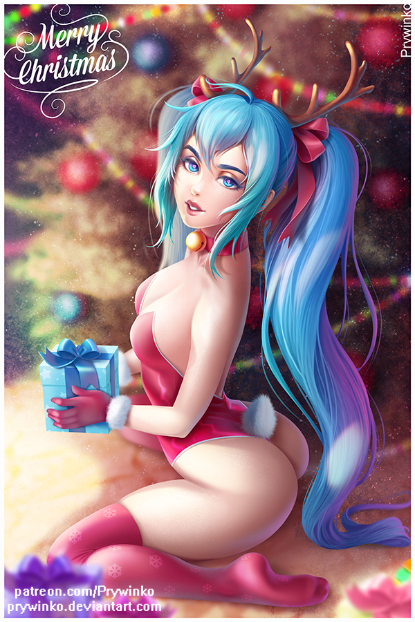 alternate_hair_color antlers artist_name ass bell bell_choker blue_hair blurry bow box breasts bunny_tail bunnysuit choker christmas_ornaments christmas_tree depth_of_field deviantart_username from_side fur-trimmed_gloves fur_trim gift gloves hair_bow hair_ribbon hatsune_miku holding holding_box holding_gift indoors leotard long_hair looking_at_viewer medium_breasts merry_christmas olga_narhova parted_lips patreon_username red_bow red_choker red_gloves red_legwear red_leotard red_ribbon revision ribbon sitting snowflake_print solo tail teeth thighhighs very_long_hair vocaloid wariza watermark web_address