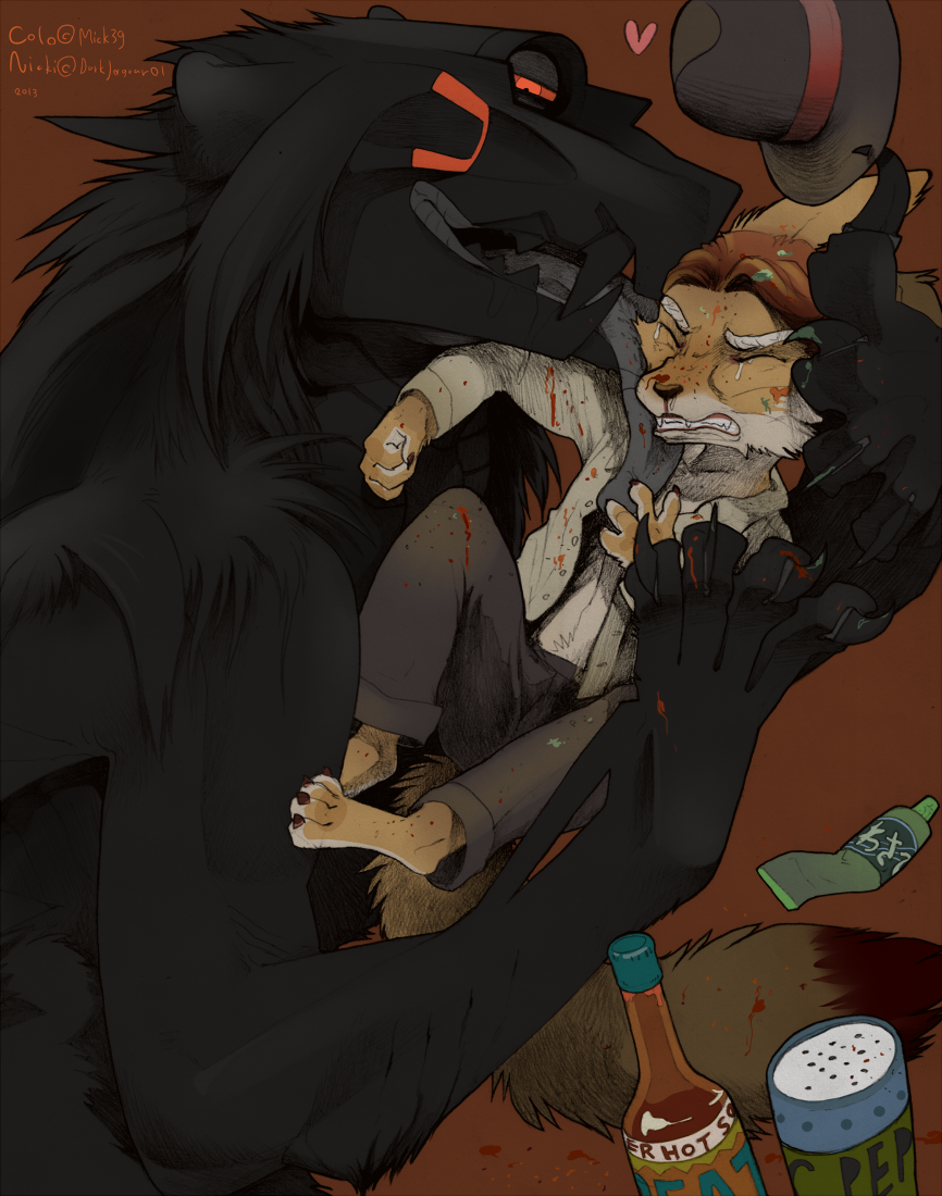 2013 anthro black_fur canine colo crying eyes_closed female feral food fox fur grabbing hot_sauce licking male mammal nicki smile struggling talyxian tears tongue tongue_out trancy_mick wasabi