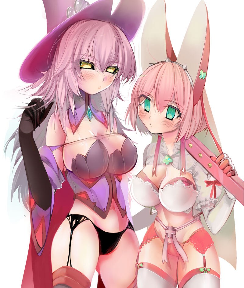 2girls ahoge arc_system_works bare_shoulders black_panties black_sclera blazblue blazblue:_central_fiction blush breasts bridal_veil bunny_ears cape cleavage clover company_connection crossover detached_sleeves elbow_gloves elphelt_valentine four-leaf_clover garter_belt garter_straps gloves green_eyes guilty_gear guilty_gear_xrd hat height_difference konoe_a_mercury large_breasts long_hair looking_at_viewer multiple_girls panties phantom_(blazblue) pink_hair pink_panties ribbon shiny shiny_hair shiny_skin short_hair thighhighs veil very_long_hair witch witch_hat yellow_eyes