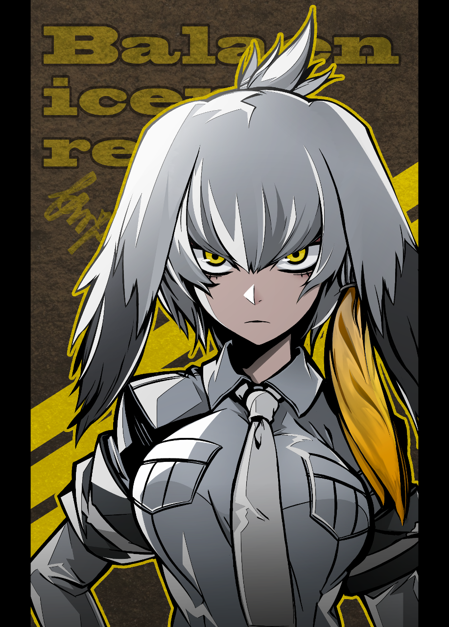 arikanrobo bangs belt blush bodystocking breast_pocket breasts collar collared_shirt commentary_request frown grey_hair grey_shirt hand_on_hip head_wings highres kemono_friends long_hair looking_at_viewer low_ponytail medium_breasts multicolored_hair necktie outline pocket shirt shoebill_(kemono_friends) short_sleeves solo white_background yellow_eyes