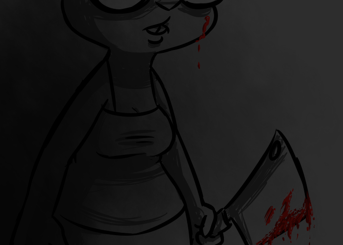 2017 anthro black_and_white blood breasts buckteeth cleaver clothed clothing dialogue disney english_text eyewear fan_character female glasses holding_object holding_weapon inkyfrog knife lagomorph mammal maxine_d'lapin melee_weapon monochrome rabbit restricted_palette simple_background teeth text weapon white_background zootopia
