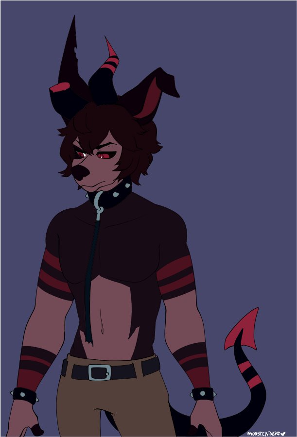 anthro canine clothed clothing collar demon horn hybrid leash male mammal puccaruu solo standing topless
