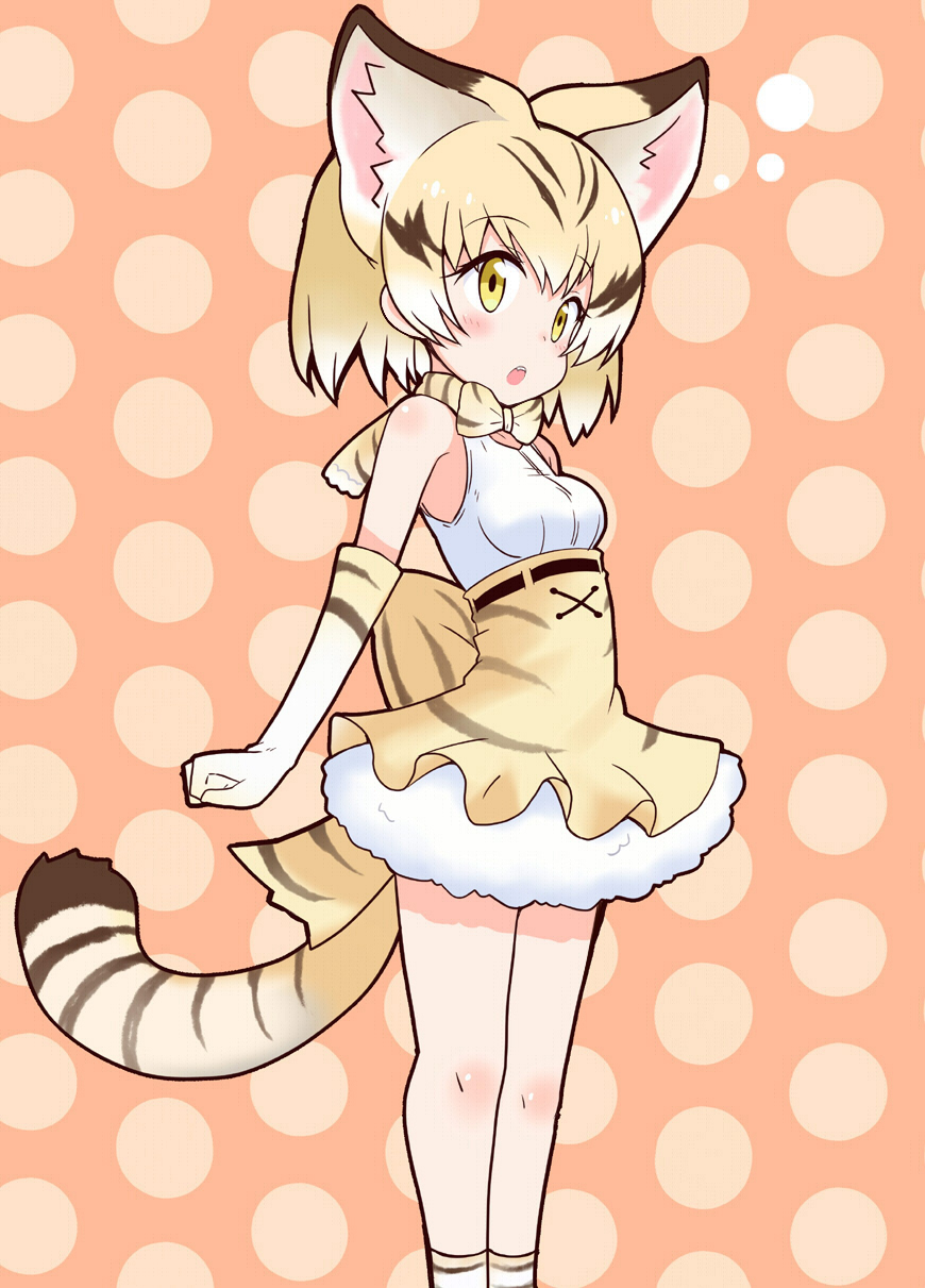 animal_ears bare_shoulders blonde_hair blush bow bowtie cat_ears cat_tail elbow_gloves gloves highres itamochi kemono_friends multicolored_hair sand_cat_(kemono_friends) short_hair skirt solo tail yellow_eyes