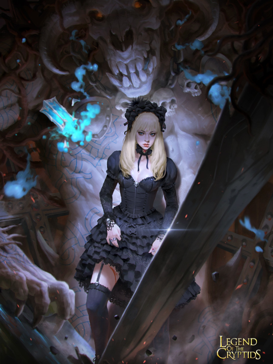 black_legwear blonde_hair blood breasts choker cleavage corset cuts demon frilled_skirt frills gothic_lolita green_eyes hairband highres hitodama injury jewelry kilart lantern legend_of_the_cryptids lips lipstick lolita_fashion lolita_hairband long_hair makeup medium_breasts over-kneehighs planted_sword planted_weapon ring skirt skull solo_focus sword thighhighs weapon