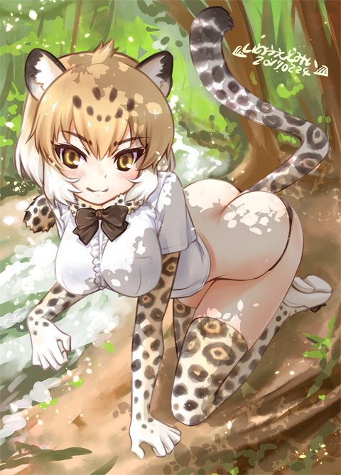 2017 :3 all_fours animal_ears ass black_bow black_neckwear black_panties blonde_hair blush bow bowtie breast_pocket breasts brown_hair butt_crack closed_mouth dated day eyebrows_visible_through_hair full_body inoue_tomii jaguar_(kemono_friends) jaguar_ears jaguar_print jaguar_tail jungle kemono_friends looking_at_viewer medium_breasts multicolored multicolored_clothes multicolored_hair multicolored_legwear nature outdoors panties pocket river shoes short_hair short_sleeves smile solo streaked_hair tail tears thighhighs underwear water white_footwear yellow_eyes