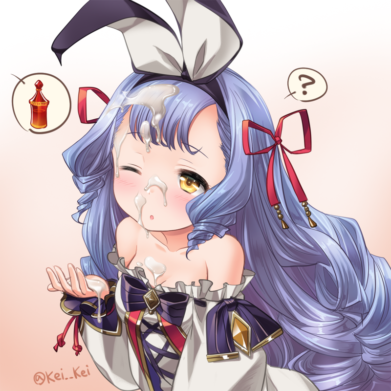 ;o ? bare_shoulders blue_hair blush bottle bow breasts cleavage commentary_request drill_hair elixir granblue_fantasy hair_bow hair_ribbon hairband kei_kei long_hair one_eye_closed red_ribbon ribbon sexually_suggestive simple_background small_breasts solo spoken_object spoken_question_mark suggestive_fluid twitter_username very_long_hair vetor_(granblue_fantasy) yellow_eyes