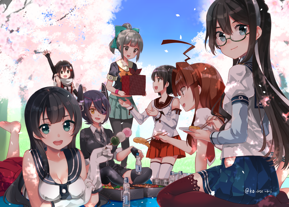 :d agano_(kantai_collection) ahoge arm_up armpits bangs barefoot black_gloves black_hair black_legwear blue_eyes blue_skirt bottle bow breasts brown_eyes brown_hair brown_legwear cardigan checkered checkered_neckwear cherry_blossoms chopsticks cleavage commentary_request dango detached_sleeves elbow_gloves eyepatch fingerless_gloves food glasses gloves green_skirt grey_hair hair_between_eyes hair_bow hair_ornament headgear hip_vent holding holding_bottle holding_food holding_plate kantai_collection koruri kuma_(kantai_collection) long_hair long_sleeves medium_breasts multiple_girls nagara_(kantai_collection) necktie ooyodo_(kantai_collection) open_mouth pantyhose plate pleated_skirt ponytail purple_hair red_skirt remodel_(kantai_collection) round_teeth sailor_collar scarf school_uniform sendai_(kantai_collection) serafuku short_hair short_sleeves shrimp side_ponytail sitting skirt sleeveless small_breasts smile sparkling_eyes teeth tenryuu_(kantai_collection) thighhighs two_side_up wagashi white_gloves white_legwear white_scarf yellow_eyes yuubari_(kantai_collection)