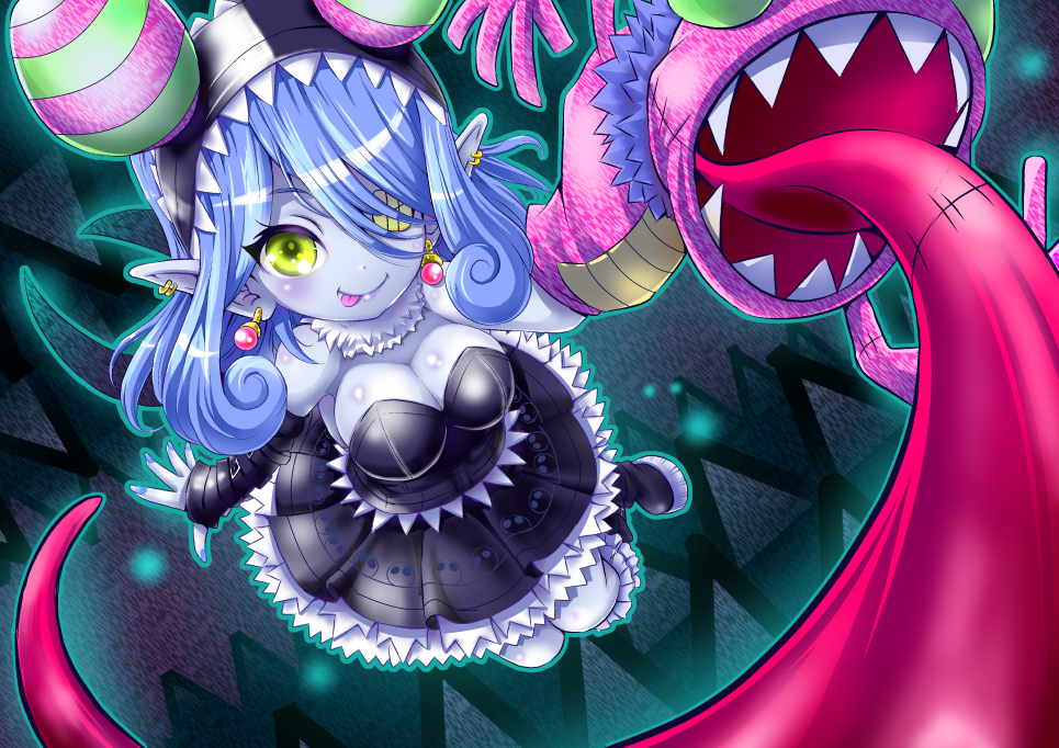 blue_hair boots breasts commentary_request digimon digimon_universe:_appli_monsters dress earrings fingerless_gloves gloves gothic_lolita grey_skin hand_puppet jewelry kangakuraku12 lolita_fashion mienumon puppet tongue tongue_out yellow_eyes