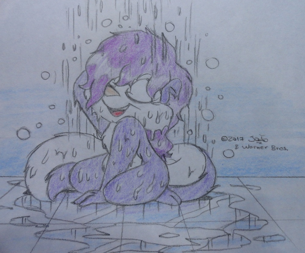 bathroom female fifi_la_fume hair jpp mammal sitting skunk tiny_toon_adventures traditional_media_(artwork) warner_brothers wet wet_hair