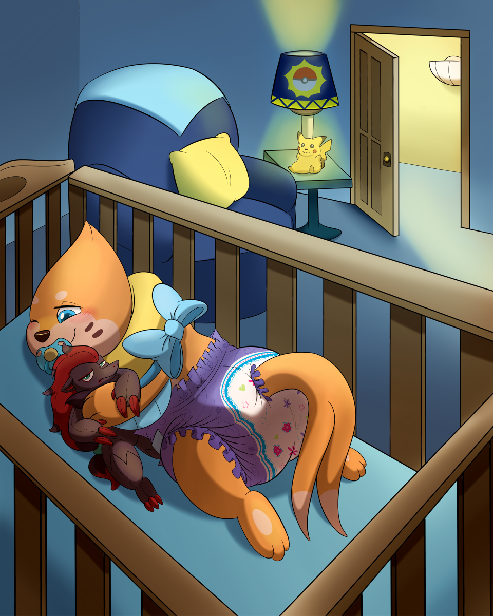 bed blue_eyes blush bow buizel chair cub diaper door fur lamp lying male multi_tail nintendo orange_fur pacifier paws pikachu pillow plushie pok&eacute;mon poofy-shark smile solo table video_games young zoroark