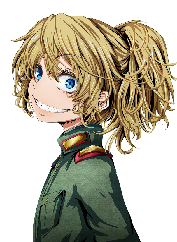 blonde_hair blue_eyes evil_grin evil_smile from_side grin looking_at_viewer military military_uniform nuru_himmel ponytail short_hair smile solo tanya_degurechaff uniform upper_body white_background youjo_senki