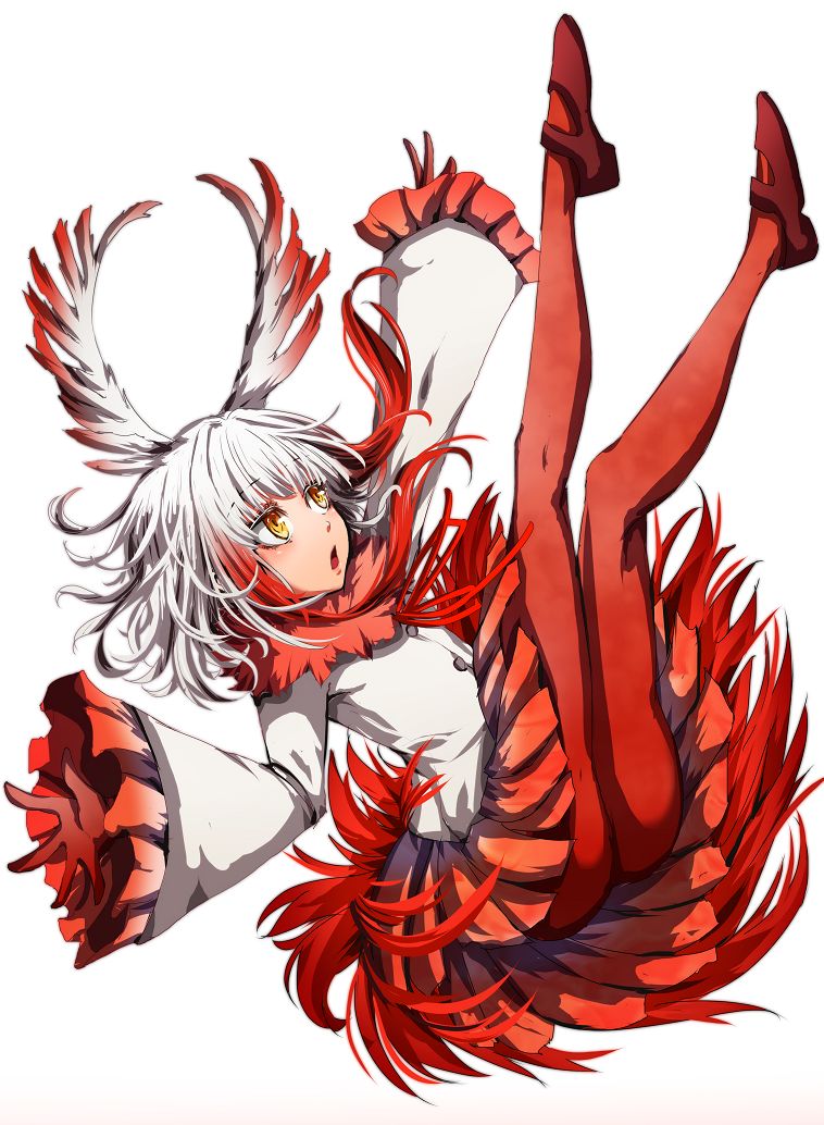 ass bangs blunt_bangs feathers full_body gloves head_wings japanese_crested_ibis_(kemono_friends) kemono_friends legs_up long_hair long_sleeves looking_up multicolored_hair nuru_himmel open_mouth pantyhose pleated_skirt red_gloves red_hair red_legwear red_skirt skirt solo two-tone_hair white_hair wide_sleeves yellow_eyes