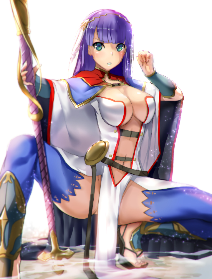 arm_guards bangs blue_legwear blunt_bangs blush breasts center_opening cleavage eyebrows_visible_through_hair fate/grand_order fate_(series) fighting_stance foreshortening furrowed_eyebrows green_eyes groin holding holding_staff large_breasts loincloth long_hair long_sleeves looking_at_viewer navel no_panties outstretched_arm parted_lips pelvic_curtain purple_hair revealing_clothes saint_martha sandals satou_daiji shin_guards simple_background solo spread_legs staff stomach thighhighs thighs toes veil water white_background wide_sleeves