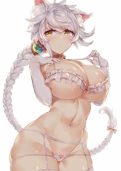 animal_ears asymmetrical_hair braid breasts cat_ears cowboy_shot elbow_gloves garter_belt gloves groin hair_between_eyes kantai_collection kemonomimi_mode large_breasts light_smile long_hair looking_at_viewer navel panties partially_visible_vulva revealing_clothes silver_hair single_braid skindentation smile solo strap_pull thighhighs thighs underboob underwear underwear_only unryuu_(kantai_collection) very_long_hair white_gloves white_panties yamaarashi yellow_eyes