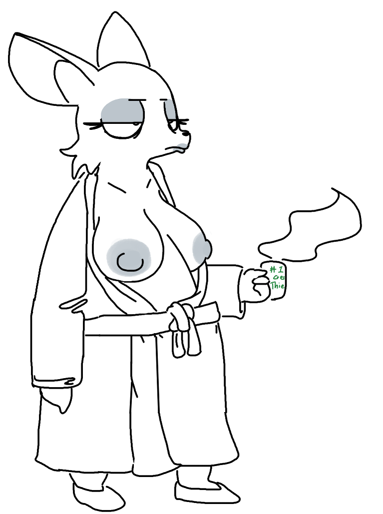 anthro bat bathrobe beverage big_breasts breasts clothing cup english_text eyeshadow female grumpy lipstick makeup mammal mature_female nipples robe rouge_the_bat slightly_chubby slippers solo sonic_(series) text the_weaver tired
