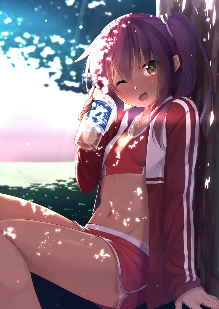 ;d blush bottle breasts brown_hair buruma dappled_sunlight eyebrows_visible_through_hair gyuunyuu_bin looking_at_viewer moe2017 navel one_eye_closed open_mouth original outdoors shade short_hair side_ponytail small_breasts smile solo sunlight tan tanline track_and_field track_uniform tree v water_bottle