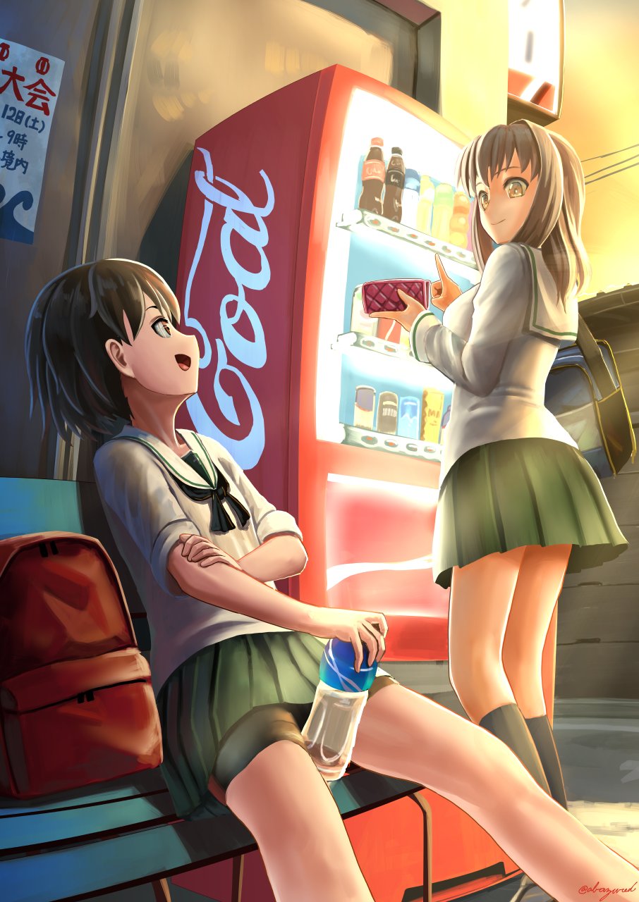 abazu-red arm_grab bag bangs bike_shorts black_legwear blouse bottle brown_eyes brown_hair closed_mouth coca-cola coin_purse commentary dusk girls_und_panzer green_skirt highres holding isobe_noriko kondou_taeko light_smile long_hair long_sleeves looking_at_another looking_back miniskirt multiple_girls neckerchief no_headband ooarai_school_uniform open_mouth outdoors pleated_skirt school_uniform serafuku short_hair shorts shorts_under_skirt shoulder_bag sitting skirt sleeves_rolled_up smile socks standing twitter_username vending_machine water_bottle white_blouse