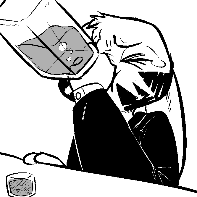 alcohol anthro beverage black_and_white bottle clothed clothing disney eyes_closed jack_savage lagomorph male mammal monochrome rabbit replytoanons shot_glass sitting solo suit table tears zootopia