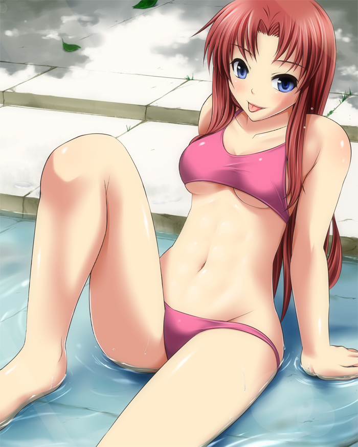 :p arms_behind_back bangs bare_legs bikini blue_eyes blush breasts brown_hair collarbone corey_sniper day digdug006 eyebrows_visible_through_hair groin leg_up legs long_hair looking_at_viewer navel outdoors parted_bangs pink_bikini pool shiny shiny_skin sitting smile solo swimsuit thighs tongue tongue_out underboob water wet wrestle_angels