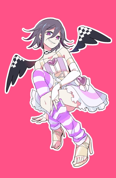 checkered choker cosplay crossdressing danganronpa dress full_body heart high_heels jewelry male_focus new_danganronpa_v3 ouma_kokichi panty_&amp;_stocking_with_garterbelt pink_background purple_eyes purple_hair sandals shou_(past) simple_background smirk solo stocking_(psg) stocking_(psg)_(cosplay) strap striped striped_legwear thighhighs undressing wings