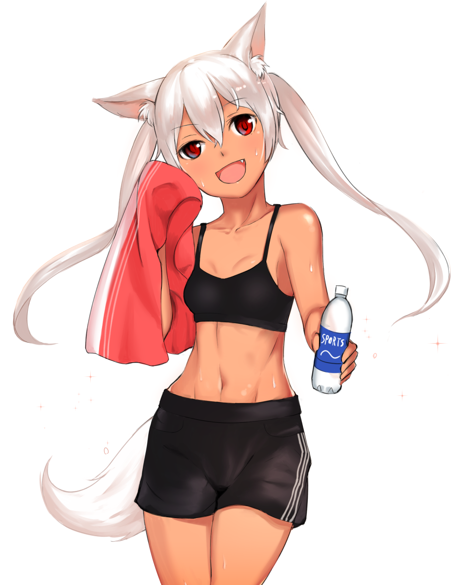:d abs animal_ears bad_id bad_pixiv_id bottle collarbone dark_skin eyebrows_visible_through_hair fang fox_ears fox_tail hair_between_eyes highres long_hair looking_at_viewer mathew_(srmmk_mce) navel open_mouth original red_eyes shorts smile solo sports_bra sweat tail toned towel twintails water water_bottle white_hair wiping_sweat