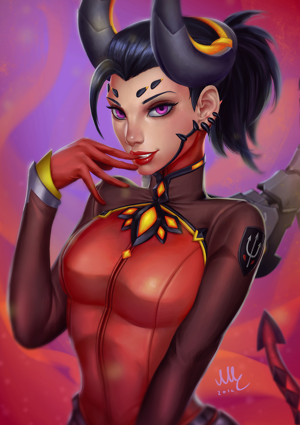 alternate_costume artist_name black_hair bodysuit breasts dark_persona dated demon_girl demon_horns demon_tail devil_mercy ear_piercing eyelashes eyeliner facial_mark fang finger_to_mouth forehead_mark gloves hand_to_own_mouth hand_up high_ponytail highres horns leotard lips long_sleeves looking_at_viewer makeup mascara mechanical_wings medium_breasts mercy_(overwatch) nose overwatch piercing pitchfork ponytail purple_eyes realistic red_gloves red_leotard red_lips sciamano240 short_hair signature smile solo tail teeth turtleneck upper_body wings