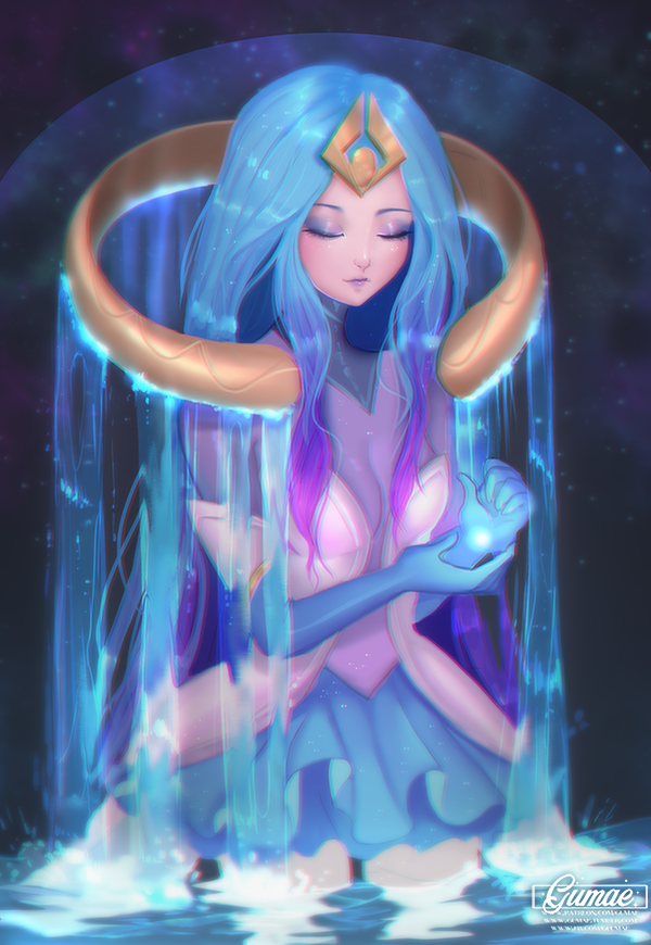 artist_name blue_gloves blue_skirt breasts closed_eyes closed_mouth elementalist_lux eyeshadow gloves league_of_legends lipstick long_hair luxanna_crownguard makeup mary_montes medium_breasts partially_submerged purple_lipstick skirt solo standing water water_elementalist_lux watermark web_address