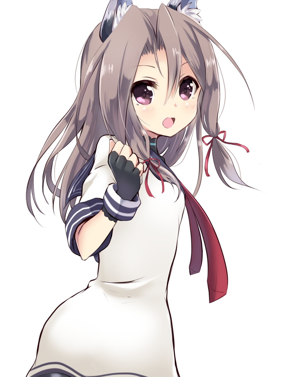 :d alternate_costume alternate_hairstyle amano_kouki animal_ears black_gloves brown_hair cat_ears clenched_hand commentary_request cosplay dress fingerless_gloves gloves hair_ribbon highres kantai_collection kemonomimi_mode long_hair looking_at_viewer murakumo_(kantai_collection) murakumo_(kantai_collection)_(cosplay) neckerchief open_mouth pantyhose purple_eyes ribbon sailor_collar sailor_dress school_uniform serafuku sidelocks simple_background smile solo white_background zuihou_(kantai_collection)