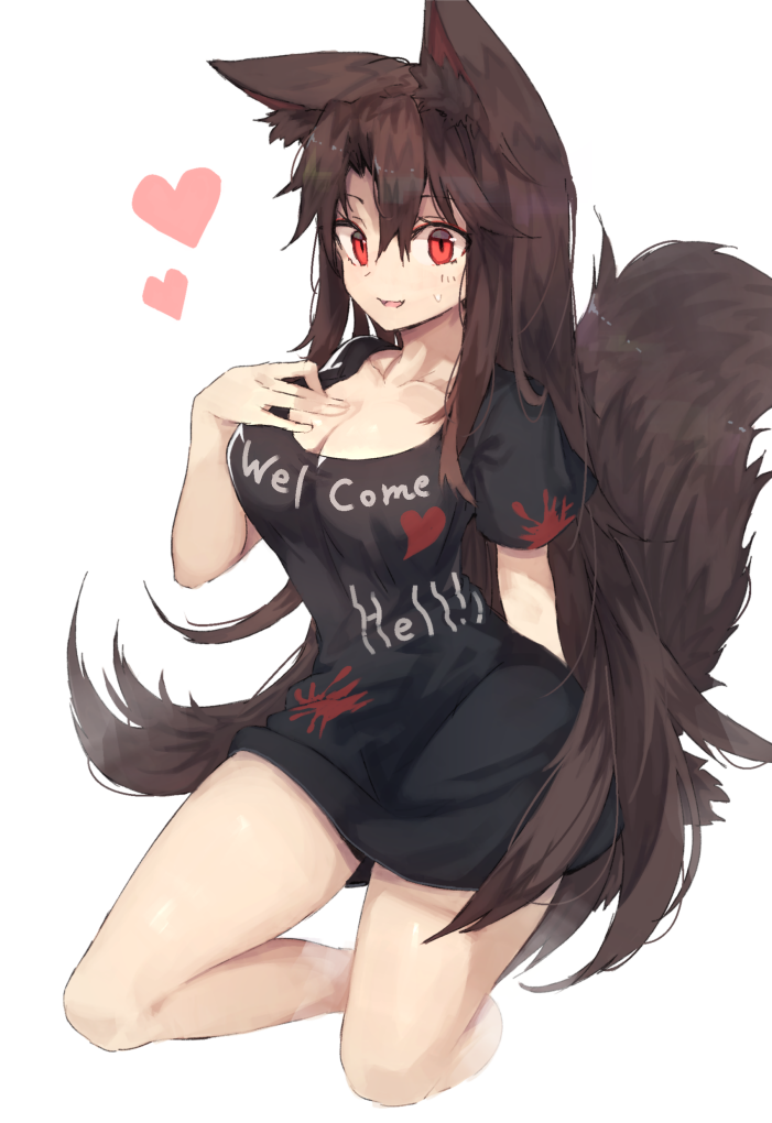 animal_ears black_hair black_shirt blush breasts cleavage clothes_writing collarbone commentary_request cosplay hair_between_eyes heart hecatia_lapislazuli hecatia_lapislazuli_(cosplay) imaizumi_kagerou kasuka_(kusuki) large_breasts long_hair looking_at_viewer no_pants parted_lips red_eyes shirt short_sleeves smile solo t-shirt tail touhou very_long_hair wolf_ears wolf_tail