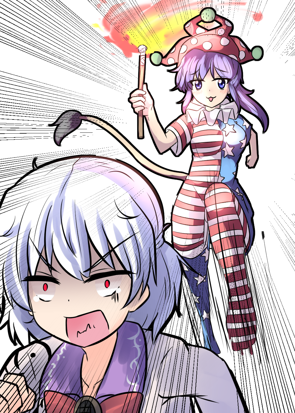 :3 american_flag_dress american_flag_legwear blue_eyes blue_hair bow bowtie chasing clownpiece clownpiece_(cosplay) commentary_request cosplay doremy_sweet dress fleeing half_updo hat highres jacket jester_cap kishin_sagume multiple_girls oshiaki pantyhose polka_dot red_eyes running short_dress short_sleeves striped striped_legwear tail tapir_tail torch touhou white_hair