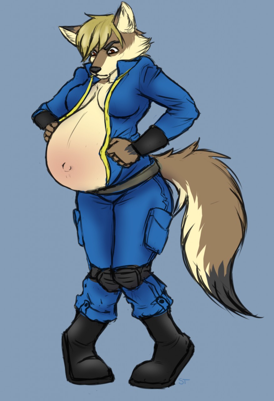 anthro belly big_belly blonde_hair boots breasts brown_fur canine clothing coyote fallout female footwear fur grey_background hair jumpsuit looking_down mammal nipples plantigrade pregnant simple_background solo spottedtigress two_tone_tur video_games wardrobe_malfunction