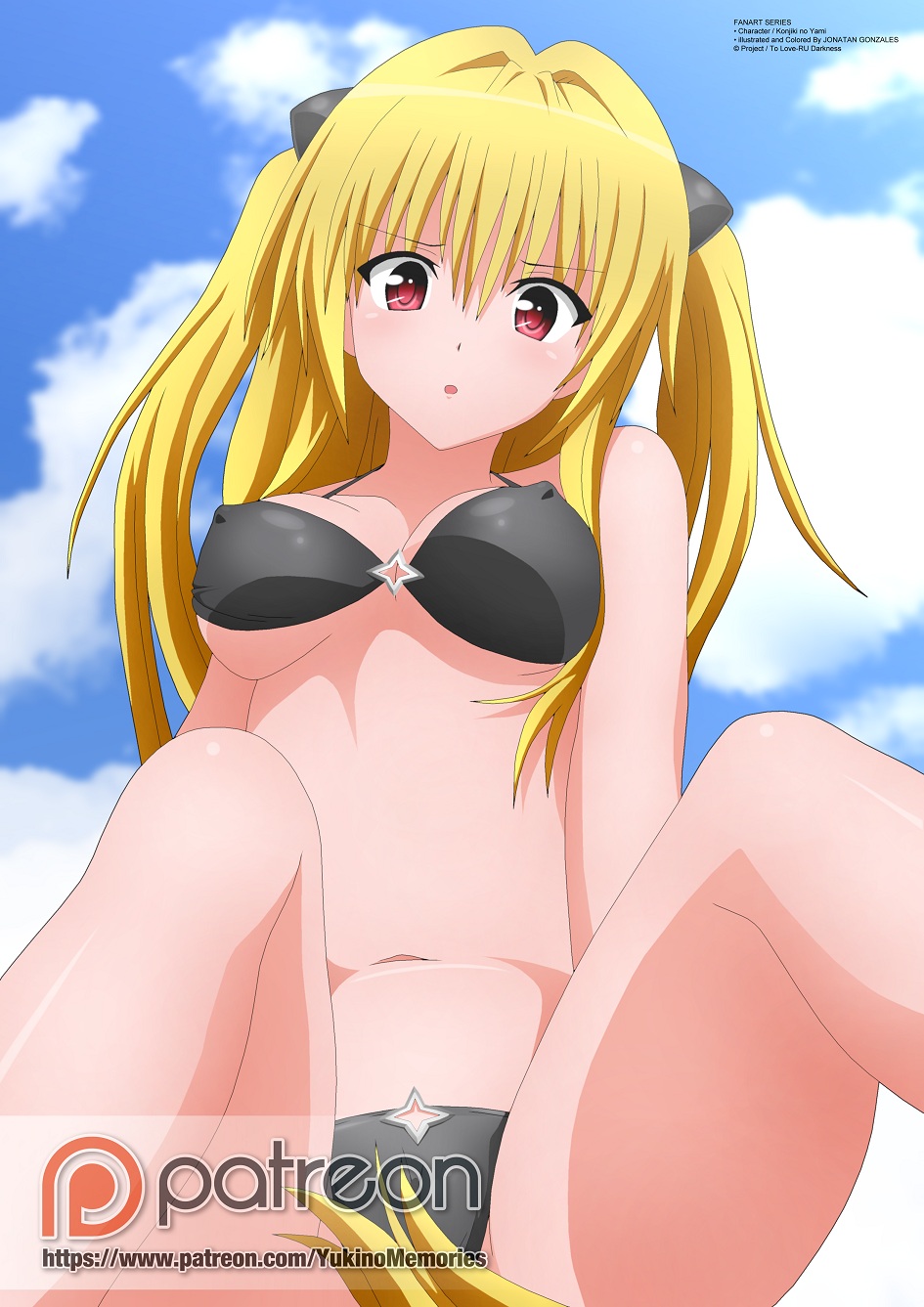 1girl beach bikini blonde_hair clouds konjiki_no_yami nipples_marked open_legs open_mouth red_eyes to_love_ru_darkness toloveru zel-sama