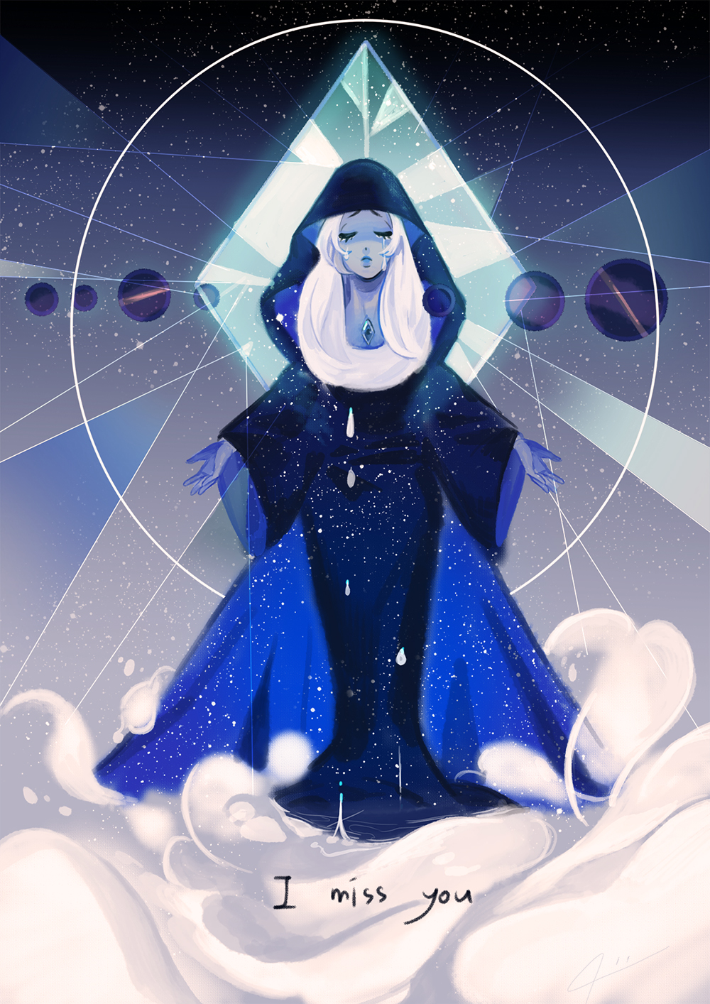 24b blue_diamond_(steven_universe) blue_skin cloak constellation crying english gem highres hood outstretched_arms planet solo space standing star_(sky) steven_universe tears white_hair wide_sleeves