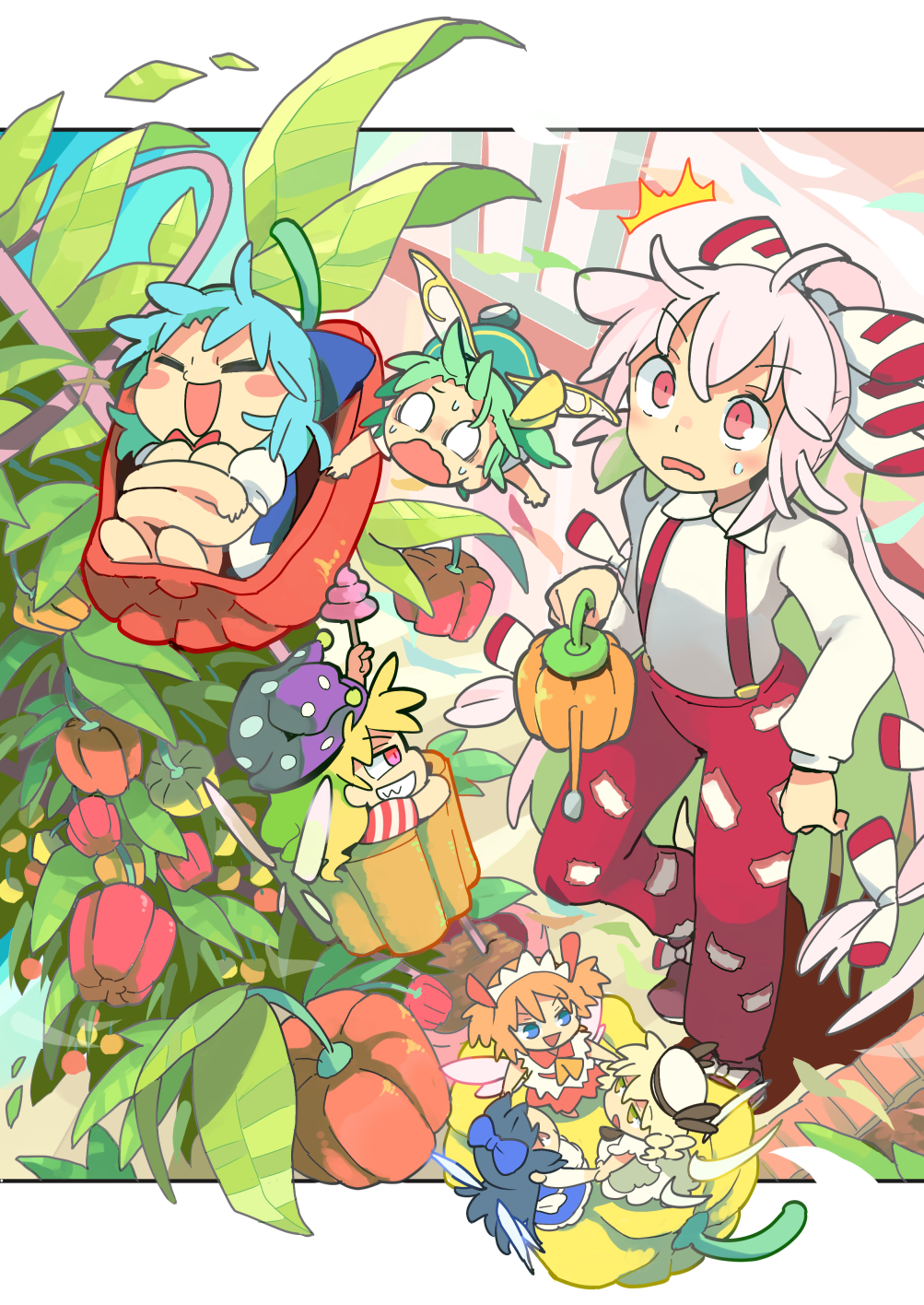 american_flag_dress bell_pepper black_hair blonde_hair blue_bow blue_dress blue_hair blush blush_stickers bottle bow cirno closed_eyes clownpiece commentary daiyousei dress fairy_wings fujiwara_no_mokou green_dress green_hair grin hair_bow hat highres holding_hands jester_cap long_hair long_sleeves luna_child moyazou_(kitaguni_moyashi_seizoujo) multiple_girls ofuda orange_hair pants pepper plant polka_dot poop_on_a_stick puffy_short_sleeves puffy_sleeves red_eyes shirt short_sleeves smile star_sapphire striped sunny_milk suspenders sweat teeth torch touhou very_long_hair water_bottle white_dress white_hair white_shirt wings