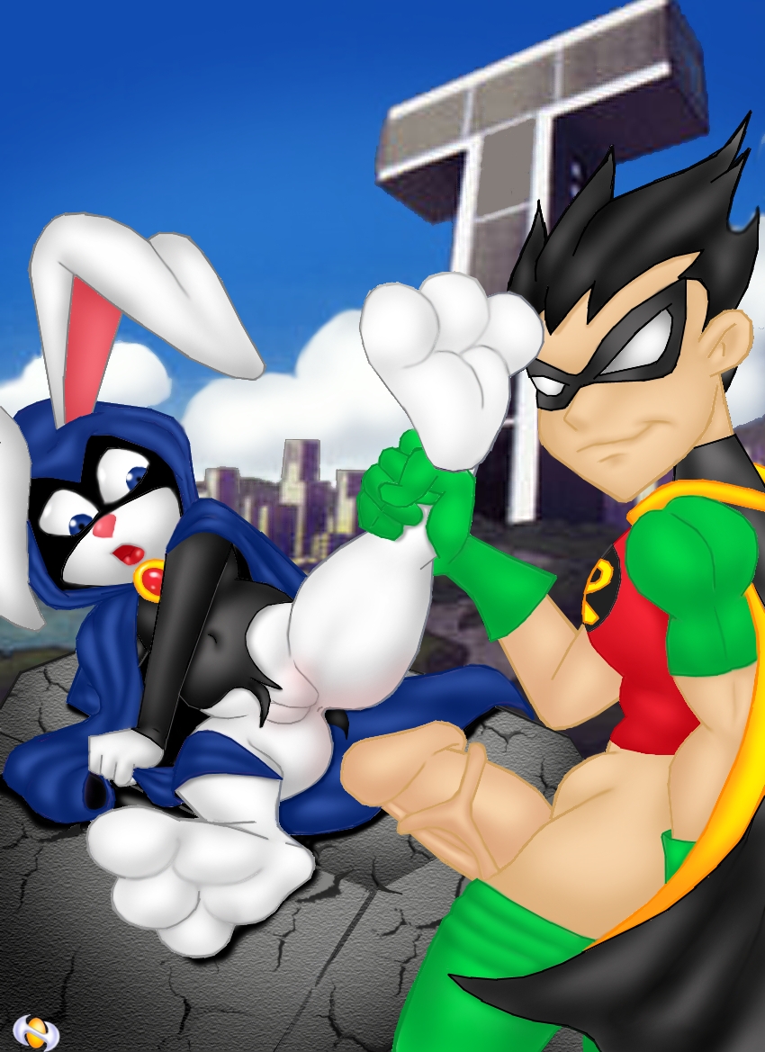 big_penis bunny_raven clothing dc dc_comics dcau female hood human interspecies lagomorph male mammal mask muscles penis pussy rabbit raven raven_(teen_titans) robin robin_(teen_titans) scared shadow size_difference straight teen_titans torn_clothing vlade what