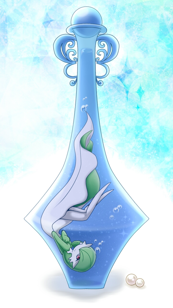 artist_request bottle gardevoir green_hair hair_over_one_eye nintendo no_humans pokemon pokemon_(creature) pokemon_(game) red_eyes tagme underwater water white_skin