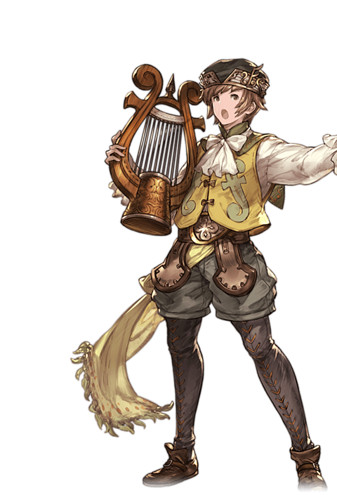 alpha_transparency brown_eyes brown_hair cravat full_body gran_(granblue_fantasy) granblue_fantasy harp harpist_(granblue_fantasy) hat instrument male_focus minaba_hideo official_art open_mouth pants_under_shorts shorts solo transparent_background vest